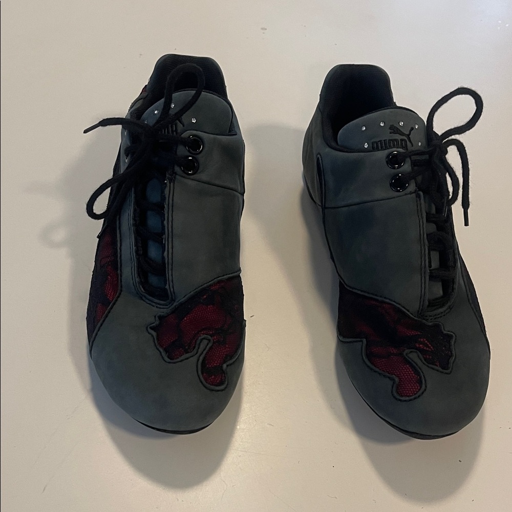 Puma Black and Gray Shoes with dark Pink  under black lace
